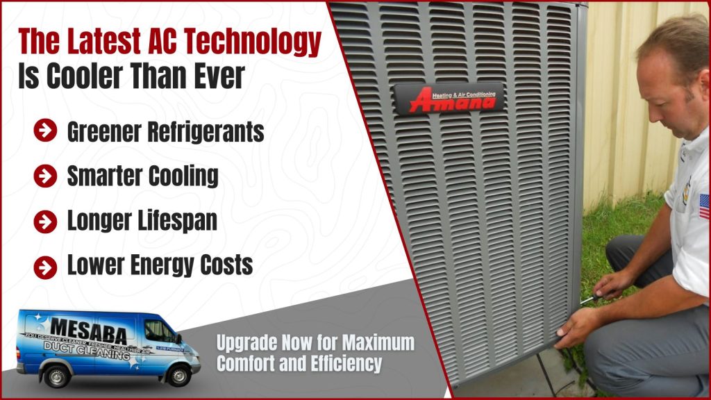 This is an image of an HVAC technician installing a new AC unit. The headline reads the latest AC technology is cooler than ever.