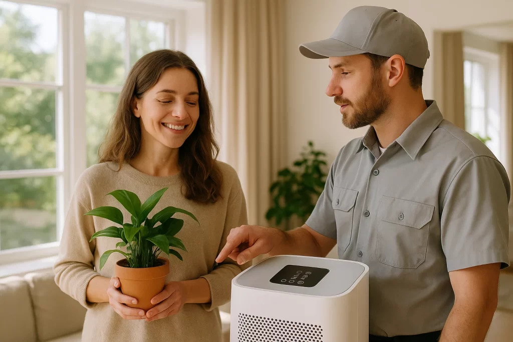 Homeowner and HVAC tech discussing purifier control in sunny living room