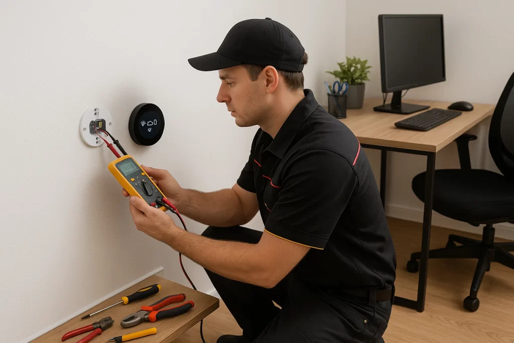 Technician installing and wiring smart thermostat with tools"