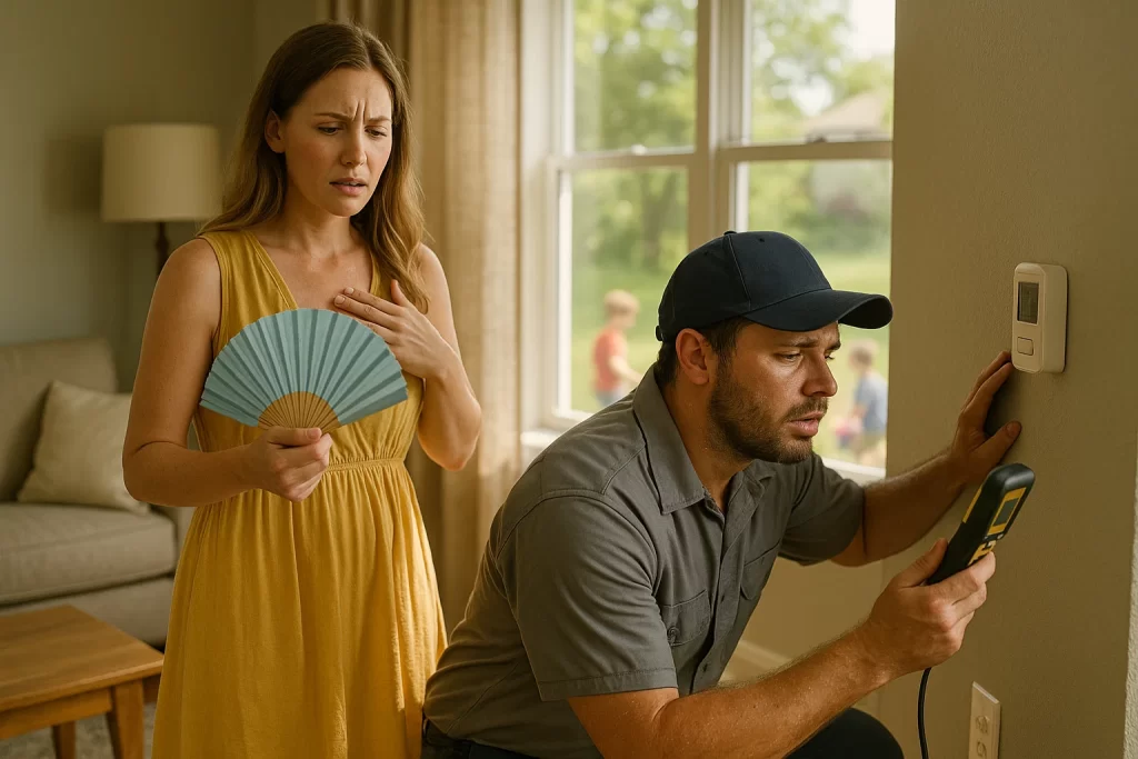 Homeowner and technician addressing AC emergency inside Minnesota living room