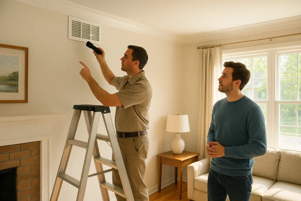 Homeowner watches as technician checks AC air return grille and filter in sunny Minnesota living room