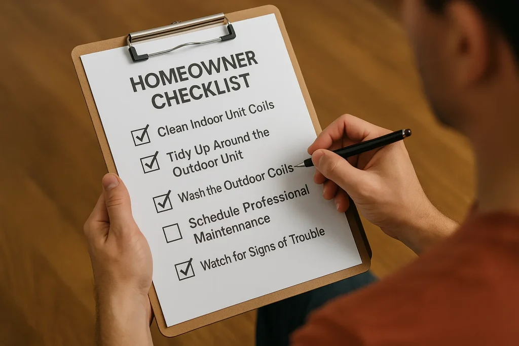 A homeowner using a checklist of things to help winterize his HVAC units