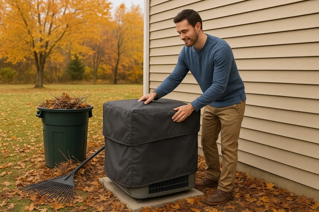 Image of a homeowner cleaning up around his AC unit and preparing it for the winter by covering it