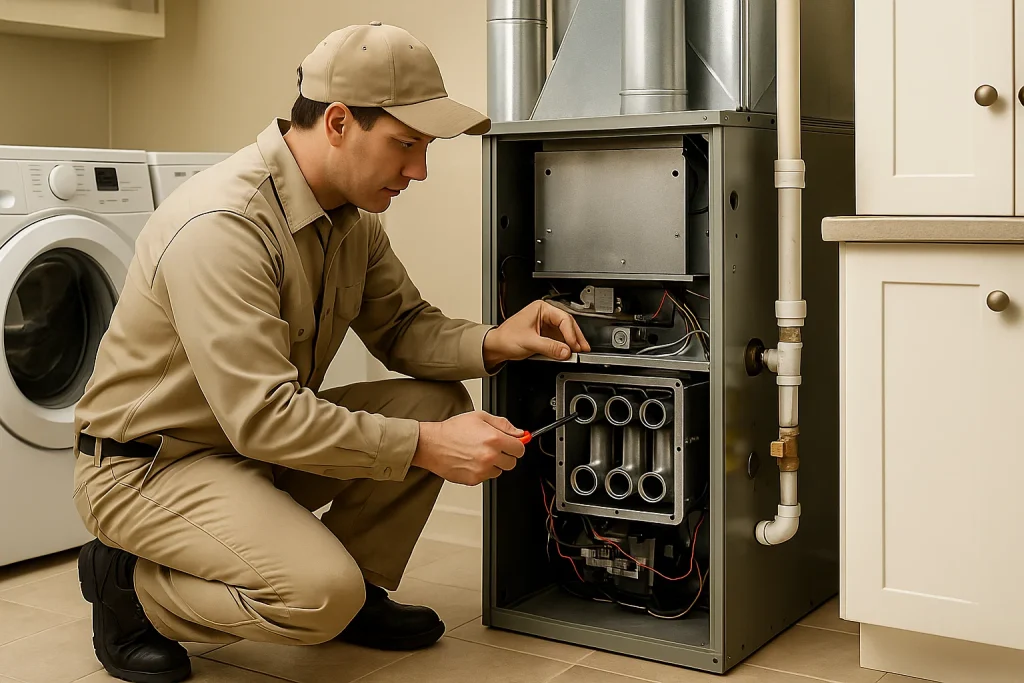 Technician inspecting furnace heat exchanger prepping for winter