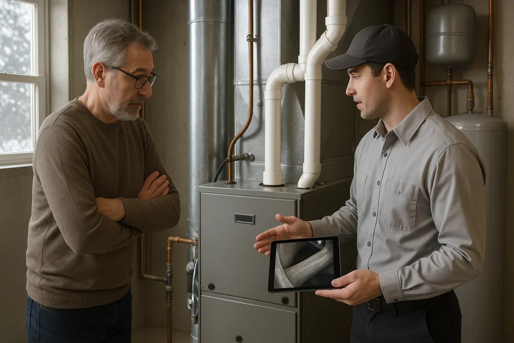 Homeowner reviewing repair versus replacement options with technician in Minnesota basement