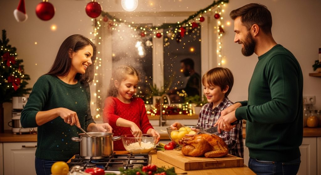A happy family cooking Christmas dinner together. There is a light haze in the room from cooking vapors, smoke, and other germs.