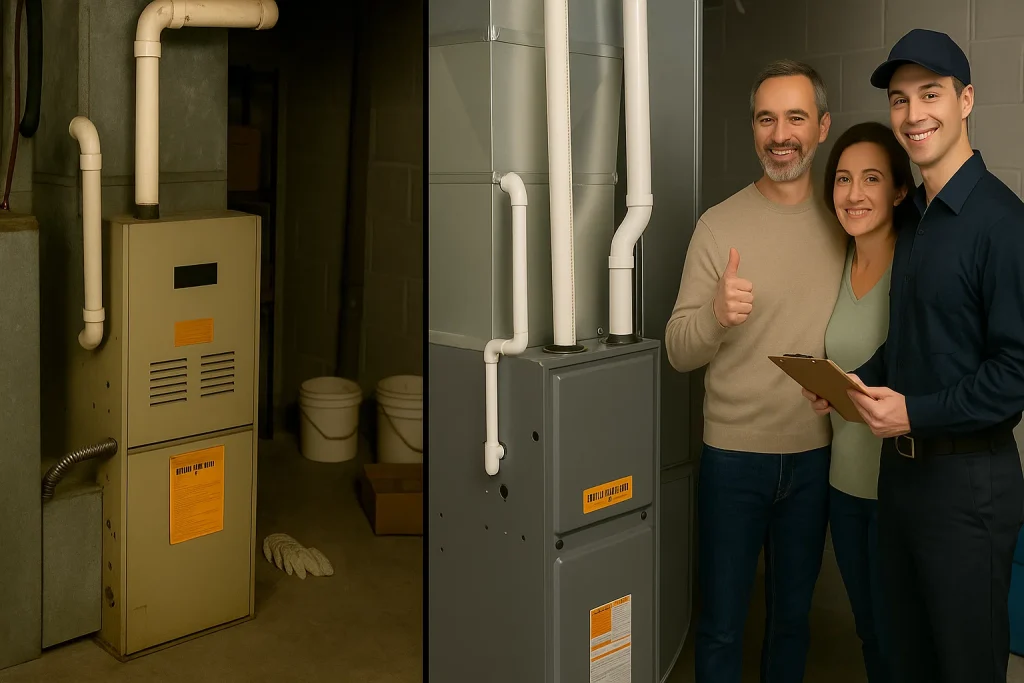 Before and after heating system upgrade: old rusty furnace versus new high‑efficiency unit in clean utility room.