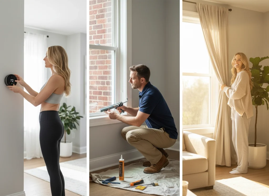A triad design of a woman adjusting her a man caulking, his window windows, and a woman opening the curtains to let the sun in.