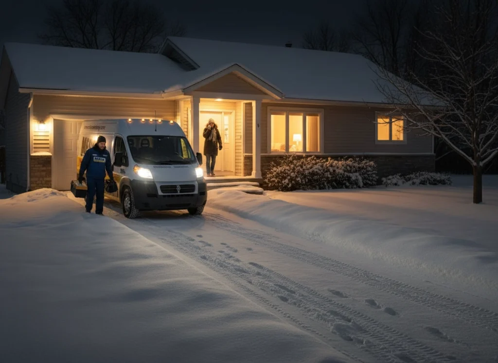 Mesaba HVAC technician arriving after hours for 24/7 emergency heating service at a home.