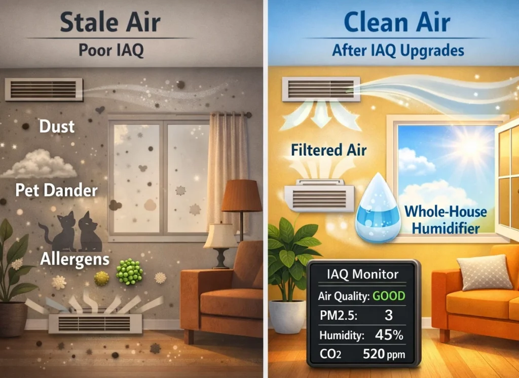 Infographic showing before and after indoor air quality improvements for sealed winter home