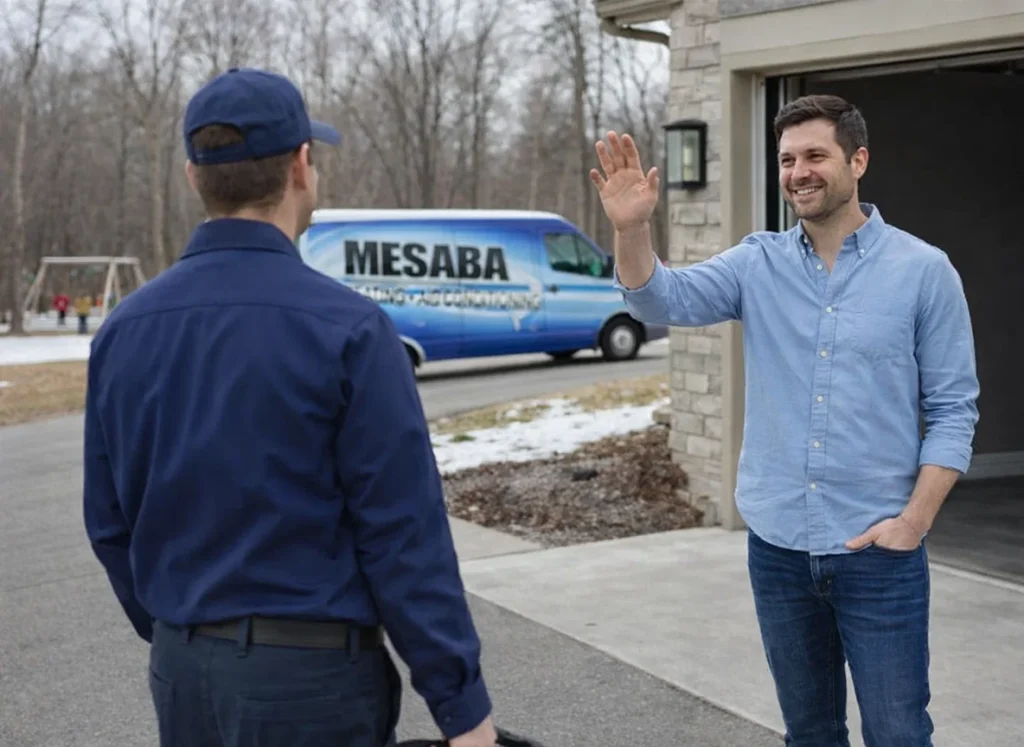 An HVAC technician arriving at a homeowners home.