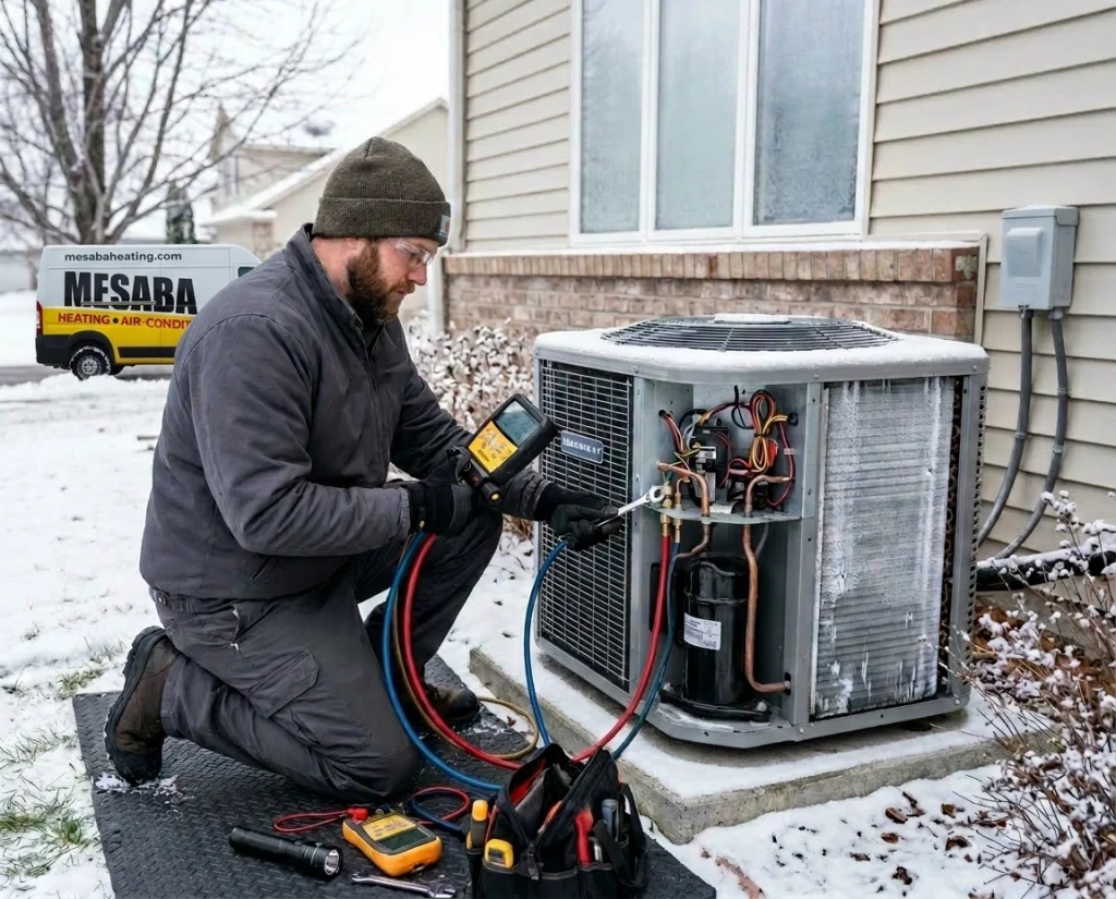 An HVAC technician working on a heat pump in Minnesota winter