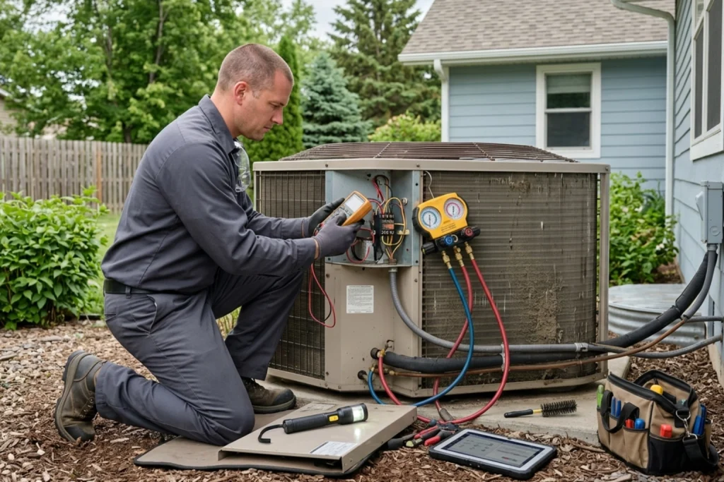 HVAC technician diagnosing air conditioner not cooling properly