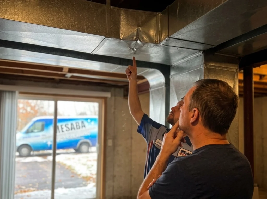 A homeowner and an HVAC tech looking at a broken duct.