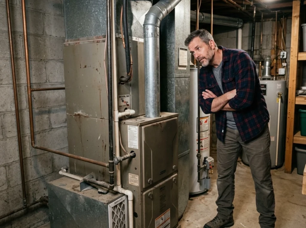 A homeowner listening to his furnace for knocking sound.