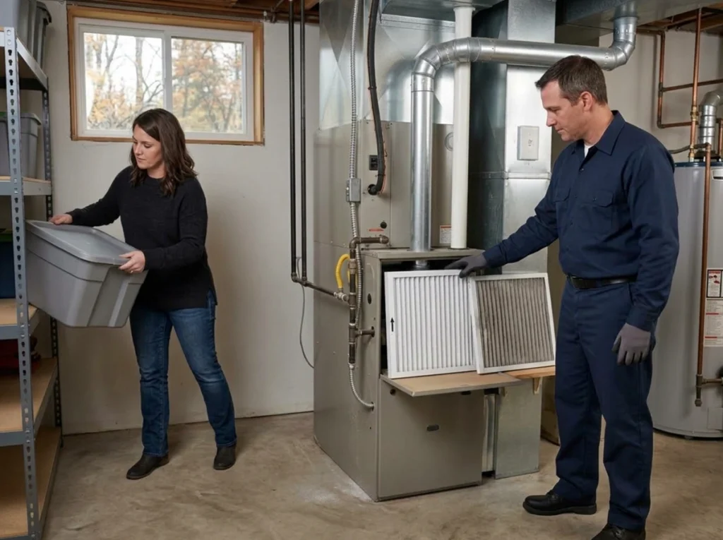 Hibbing homeowner preparing the furnace area and filter before a winter tune-up